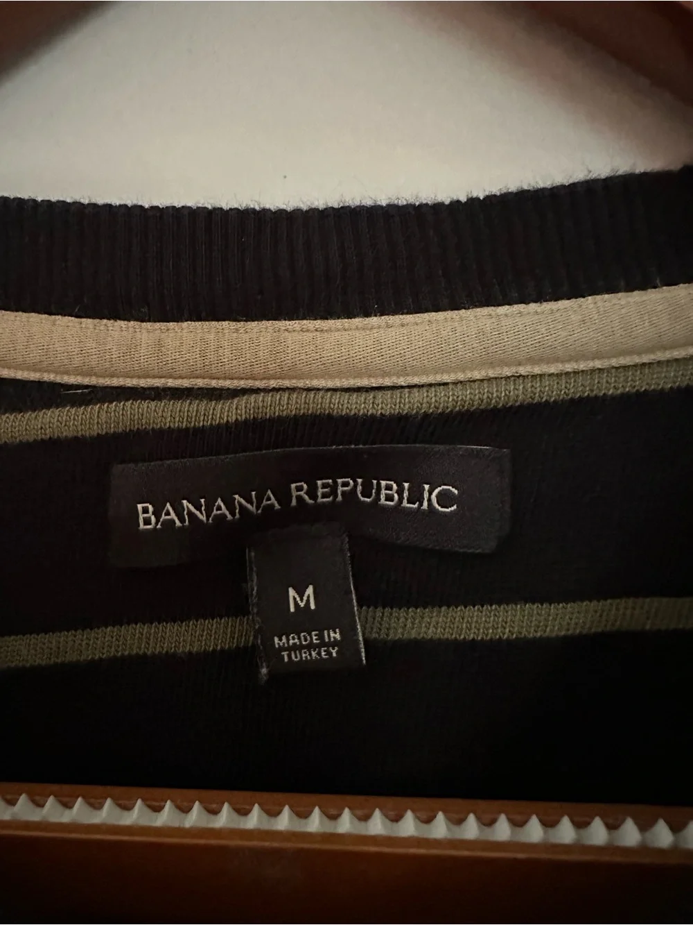 Banana Republic Black Long-Sleeve Crewneck with Olive Stripes